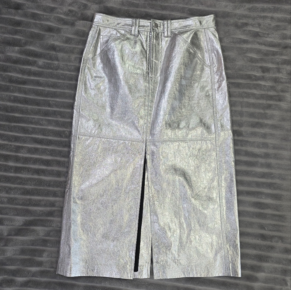 A.L.C Alden Silver Metallic High Waisted Relaxed Fit Midi Skirt with Slit. 6
